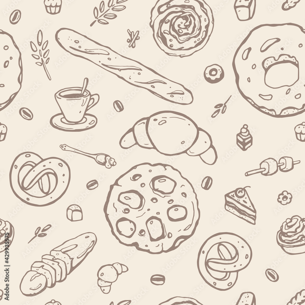 Seamless Vector Cute Outline Pattern. Bakery. Yummy Breakfast Print Design for Textile or Cafe Board.
