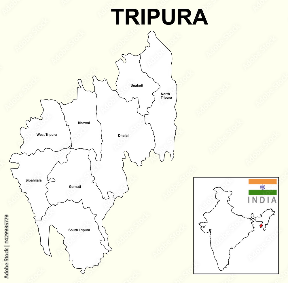 Tripura map. Highlight Tripura map on the India map with a boundary line. Tripura district map white color.