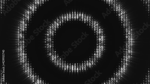 Glowing circles with numbers move on black background. Animation. Hypnotic animation with moving centralized circles of glowing numbers. Circles show numbers behind black background photo