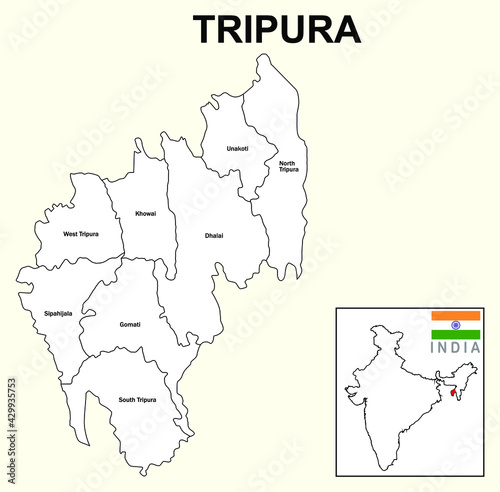 Tripura map. Highlight Tripura map on the India map with a boundary line. Tripura district map white color.