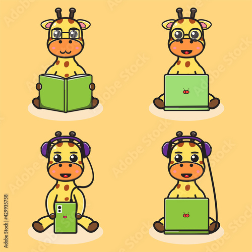 Vector illustration of cute Giraffe Hobby cartoon. Cute Giraffe expression character design bundle.