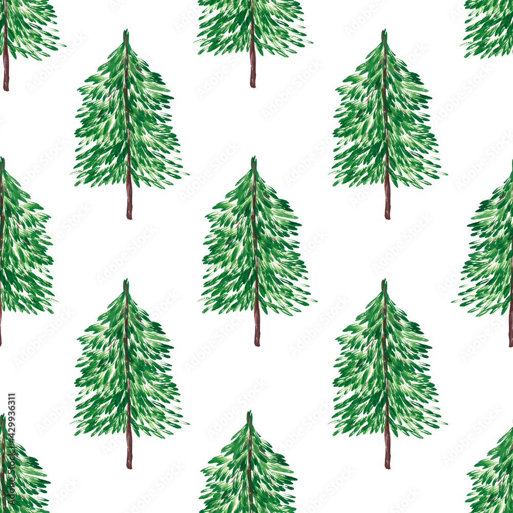 Christmas tree green on a white background. Seamless pattern. Watercolor illustration. Nature. Ecology. for printing on fabric, design of cards and gift wrapping.