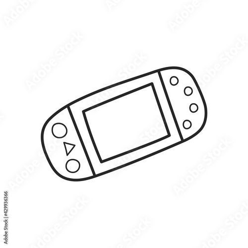 Game console for fun at home in the doodle style. Gamepad with doodle style buttons. The outline of the icon drawn by hand. Vector illustration, isolated elements on a white background.