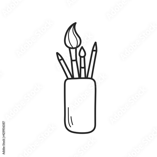 Brushes, pens and pencils in a cup. The outline of the icon drawn by hand. Vector illustration, isolated elements on a white background.
