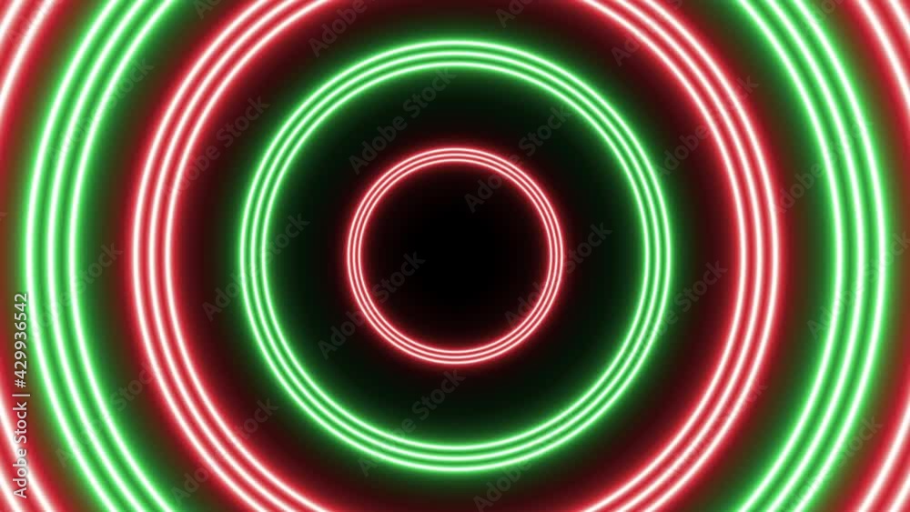 Groups of green and red circles seamless loop animation on a black background. Abstract seamless looped futuristic flight in tunnel motion graphic