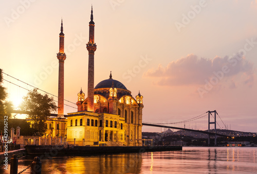 The Ortakoy Mosque and Bosphorus bridge at sunrise, Istanbul