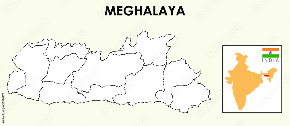 Obraz premium Meghalaya Map. District map of Meghalaya. Meghalaya in India map in 2020. District map if Meghalaya in outline.