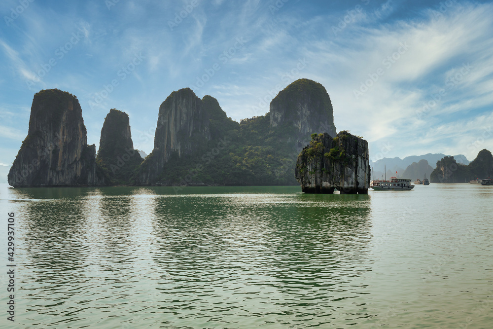 Halong Bay Beautiful Natural Wonder. View of some of the 1,600 limestone island, that looks like something right out of a movie. UNESCO World Heritage Site since 1994 