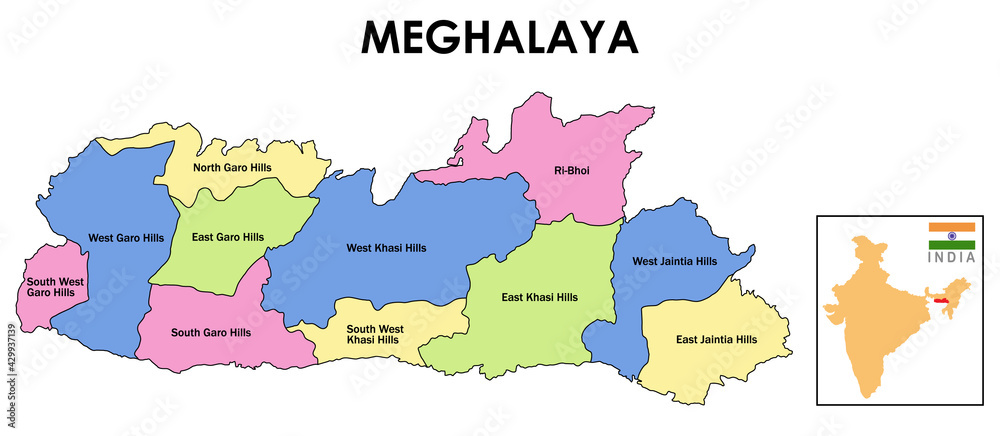 Meghalaya Map. District map of Meghalaya. Meghalaya map with all district name in colour. Meghalaya in India map in 2020