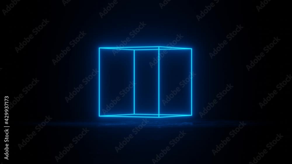 Cube with glowing blue neon edges rotates in dark space. Simple seamless motion graphic animated background