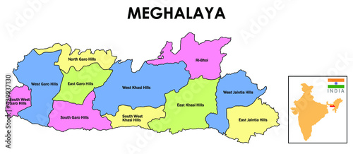 Meghalaya Map. District map of Meghalaya. Meghalaya map with all district name in colour. Meghalaya in India map in 2020 photo