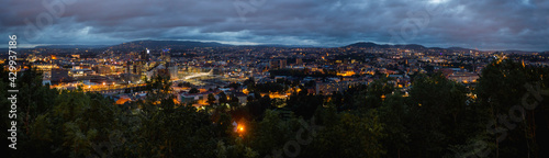 Night panoramic view of Oslo, capital of Norway. Dark cloudscape ower capital of Norway. Scandinavian city with lighted buildings and bridges, surrounded by forests. © Konstantin Aksenov