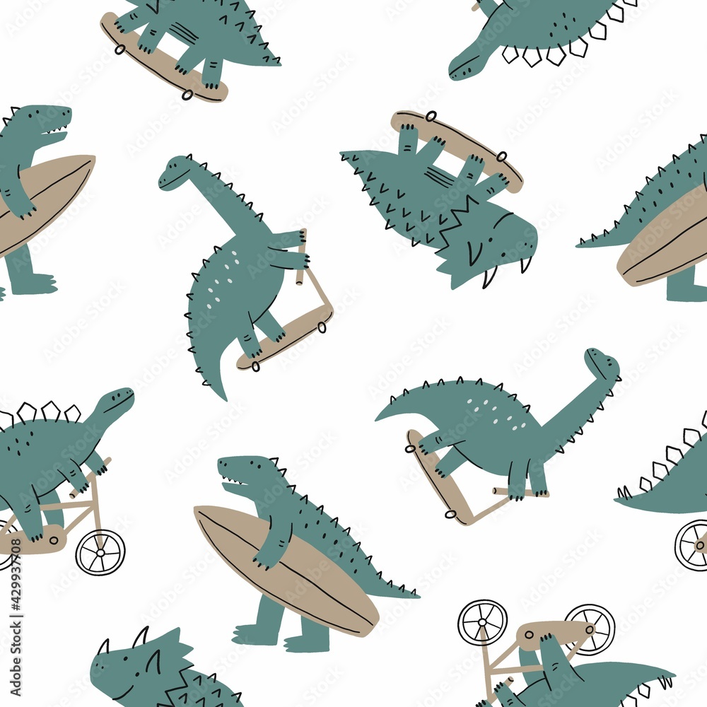 Happy dinosaurs on bikes and skateboards