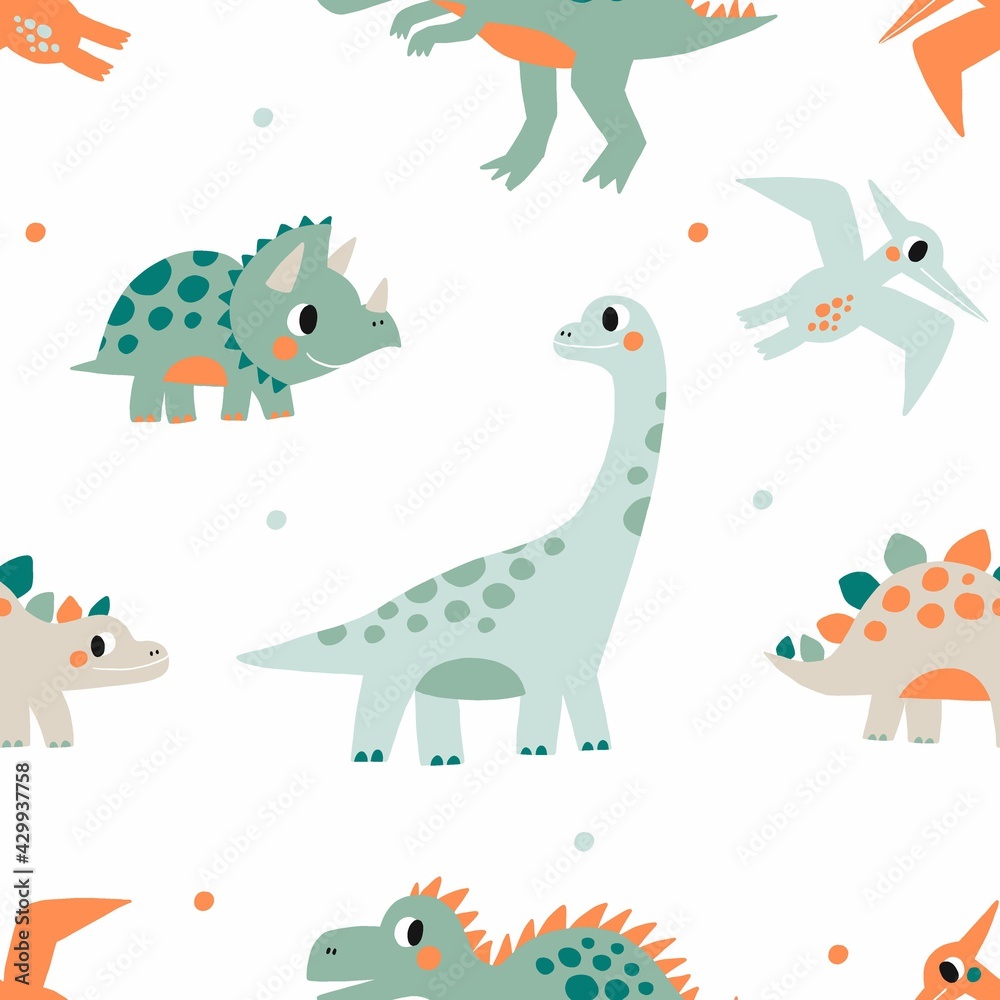 Naklejka premium Cute doodle dino. Cartoon illustration dinosaur for children. Vector seamless pattern with cute dino in flat style