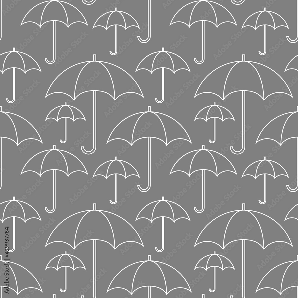 Obraz premium Contour outline umbrellas on grey background seamless pattern. Vector illustration.