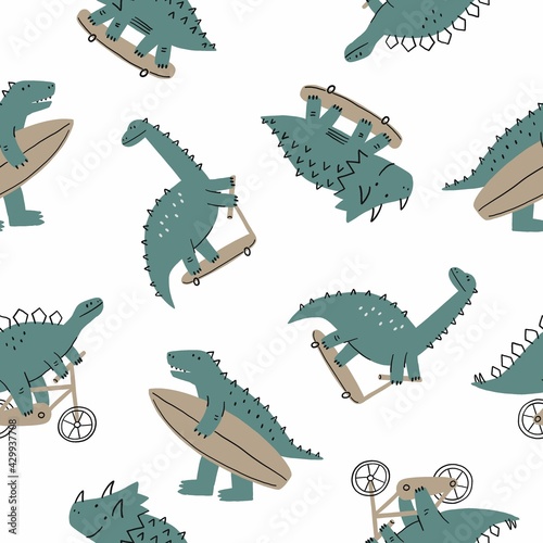 Cute cartoon dino on a skateboard, bike, surf, scooter in flat style. Dinosaur summer seamless pattern