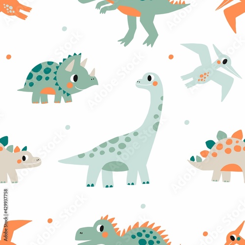Cute doodle dino. Cartoon illustration dinosaur for children. Vector seamless pattern with cute dino in flat style