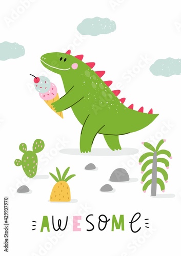 Cute comic dinosaurs and ice cream. Cute cartoon dino for kids t-shirt prints. Green and pink - Vector illustration.
