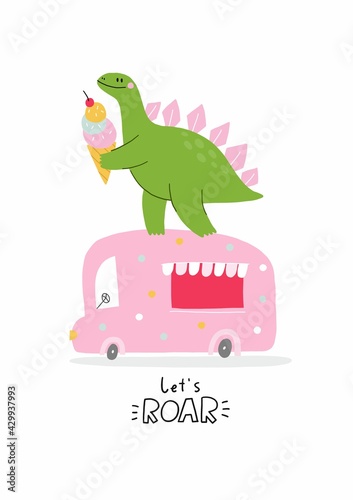 Cute comic dinosaurs and ice cream. Cute cartoon dino for kids t-shirt prints. Green and pink - Vector illustration.
