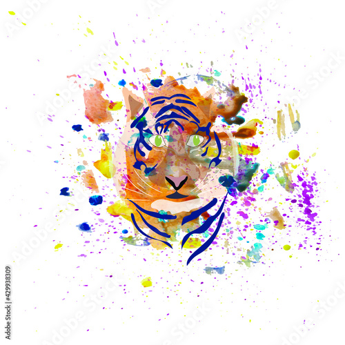 Watercolor spray, drops, tiger head in the style of watercolor spray. Vector illustration