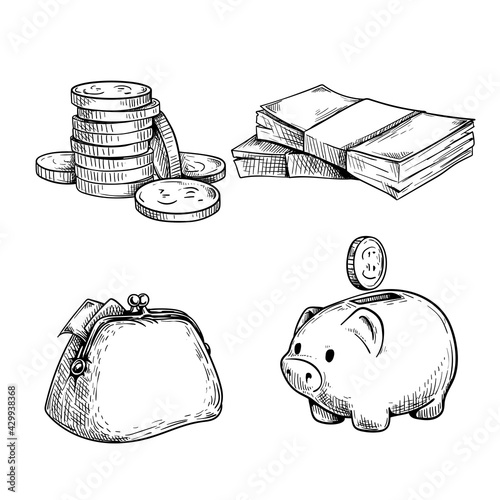 Money and finance sketch set. Stack of coins, wad of cash, vintage wallet and piggy bank with coin. Hand drawn vector illustrations isolated on white.