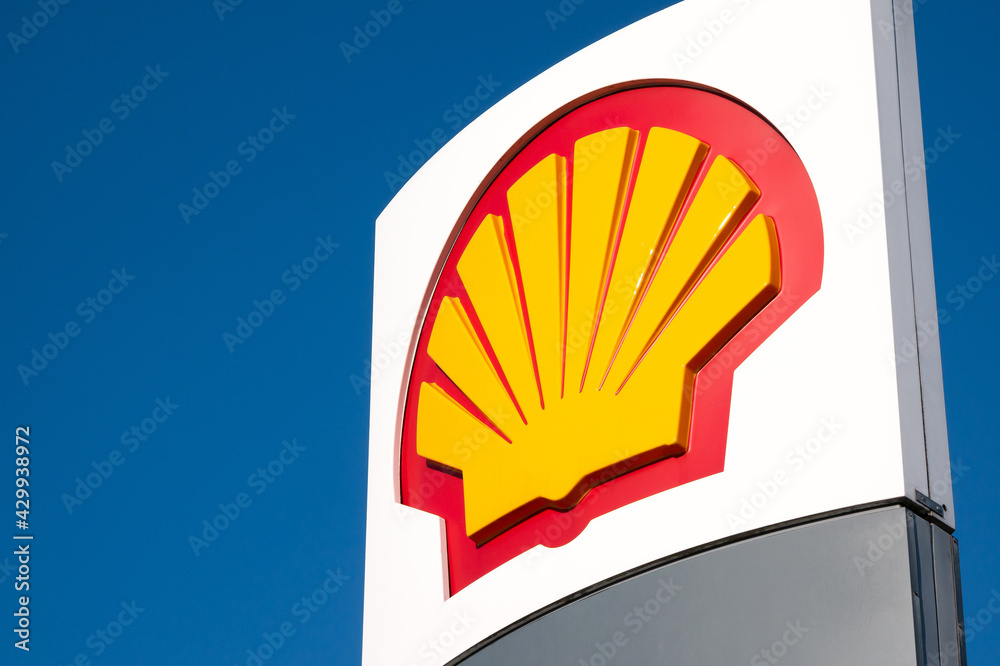 Royal Dutch Shell gas station signage shell symbol sign up close
