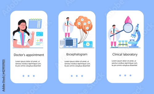 Neurology healthcare, MRI vector concept vector app templates set. Anatomical knowledge science of brain and senses diseases. Encephalogram, EKG concept vector.