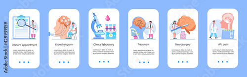 Neurology healthcare, MRI vector concept vector app templates set. Anatomical knowledge science of brain and senses diseases. Encephalogram, EKG concept vector.