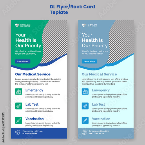Medical healthcare hospital doctor clinic DL Flyer rack card template design Vector