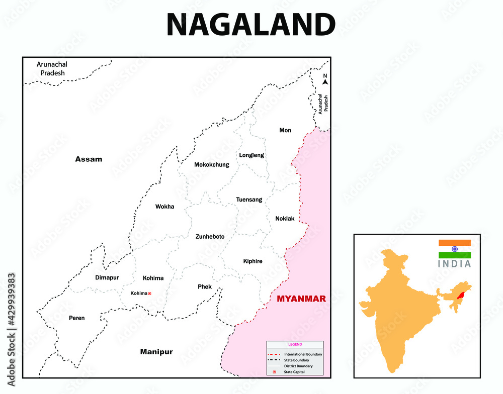 Nagaland map. Outline map of Nagaland.  Nagaland administrative and political map. Nagaland map with neighbouring countries and border in white colour.