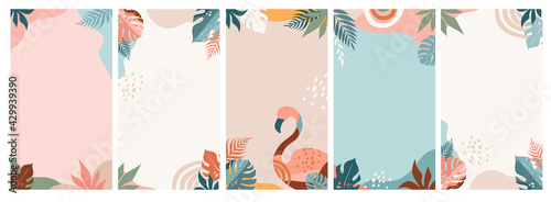 Bohemian Summer, set of modern summer story template designs with rainbow, flamingo, pineapple, ice cream and watermelon 