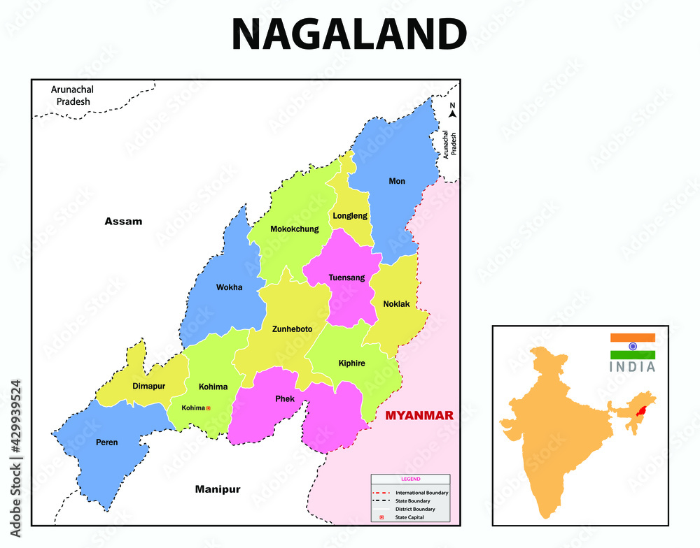 Nagaland map.  Nagaland administrative and political map. Nagaland map with neighboring countries and borders.