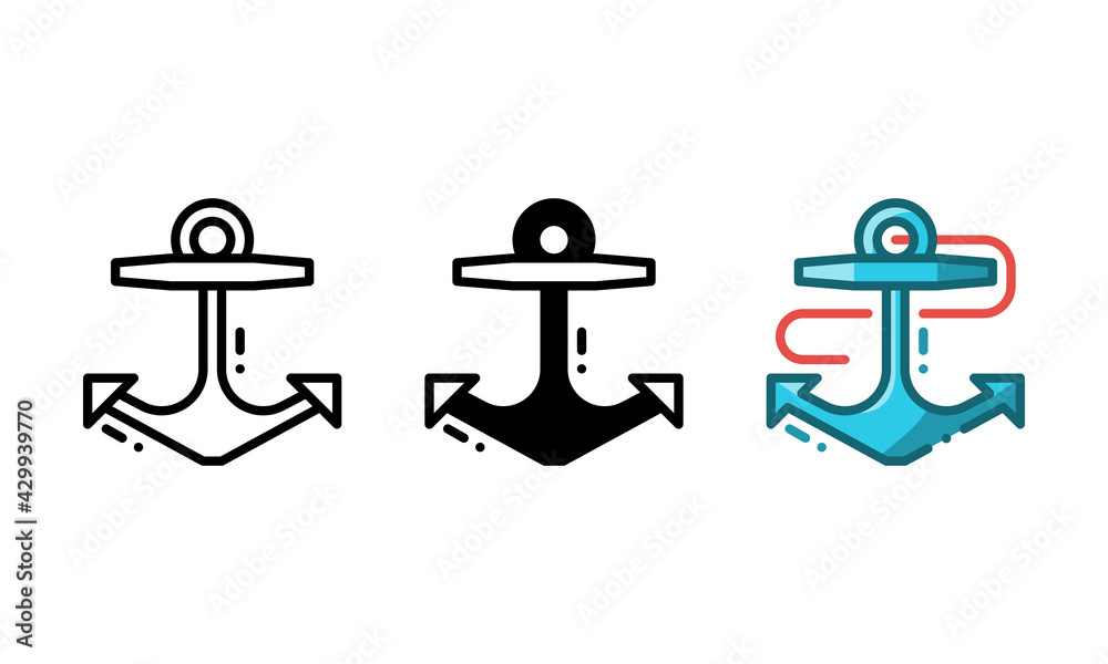 Anchor icon. With outline, glyph, and filled outline styles Anchor icon. With outline, glyph, and filled outline styles