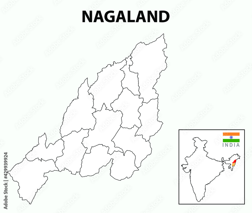 Nagaland map. District map of Nagaland. Outline map pf Nagaland. Blank and white map.