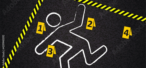 Chalk outline from the murder scene. Crime scene, place of murder. Circled the body, and there are marks near the evidence. Don't cross. police sign. ID tents, marker of crime scene on te street,