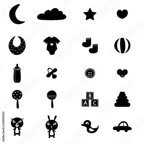 Collection of children items on white background in black and white style, silhouette of infant toys and clothes