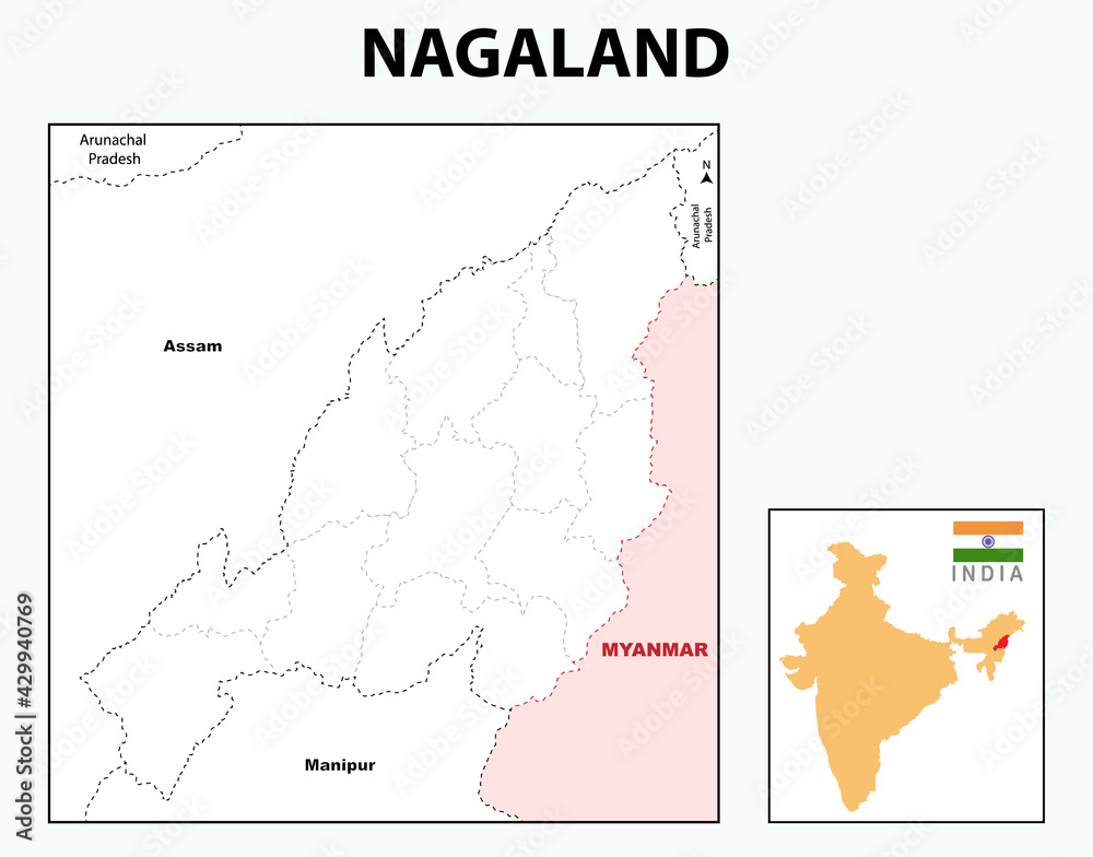 Nagaland map. Nagaland map with neighboring countries and border in outline.