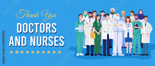 Frontline heroes, Illustration of doctors and nurses characters wearing masks. Vector
