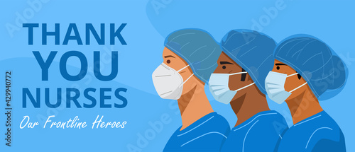 International Nurses Day, Illustration of nurses with face masks and protective caps. Vector