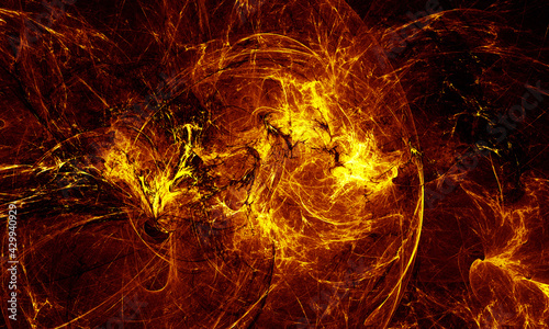 Golden blazing fire on black or red hot solar motion in deep dark space. Abyss of the universe. Digital illustration. Great as design template  cover or backdrop.