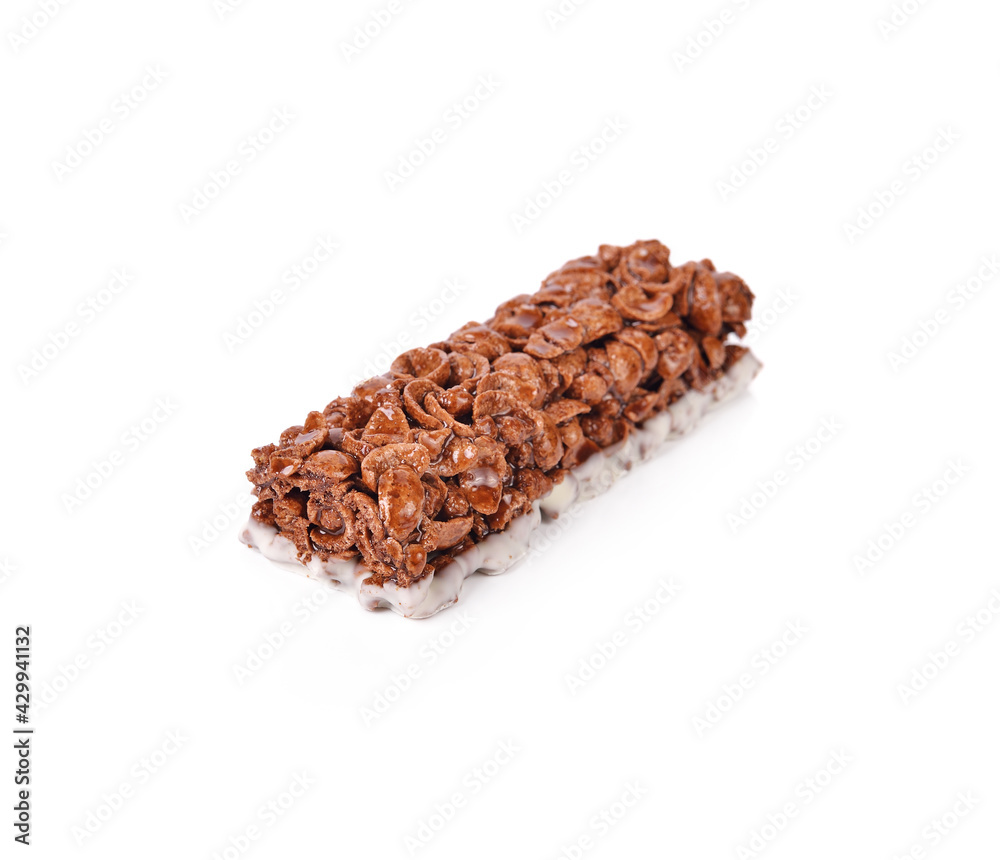 Cereal bars with chocolate isolated on white background.