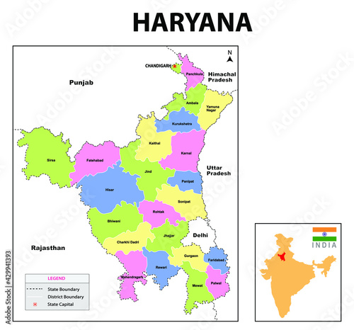 Haryana map. Haryana administrative and political map. Haryana map with neighboring countries and borders. photo