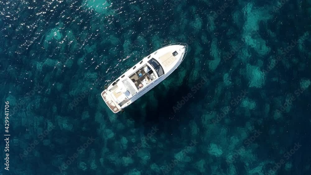 Aerial view, Flight over Boat at the bay of Cala Llombards, Santanyi, Mallorca, Balearic Islands, Spain, Aerial view, Flight over Boat at the bay of Cala Llombards, Santanyi, Mallorca, Balearic Islands, Spain,