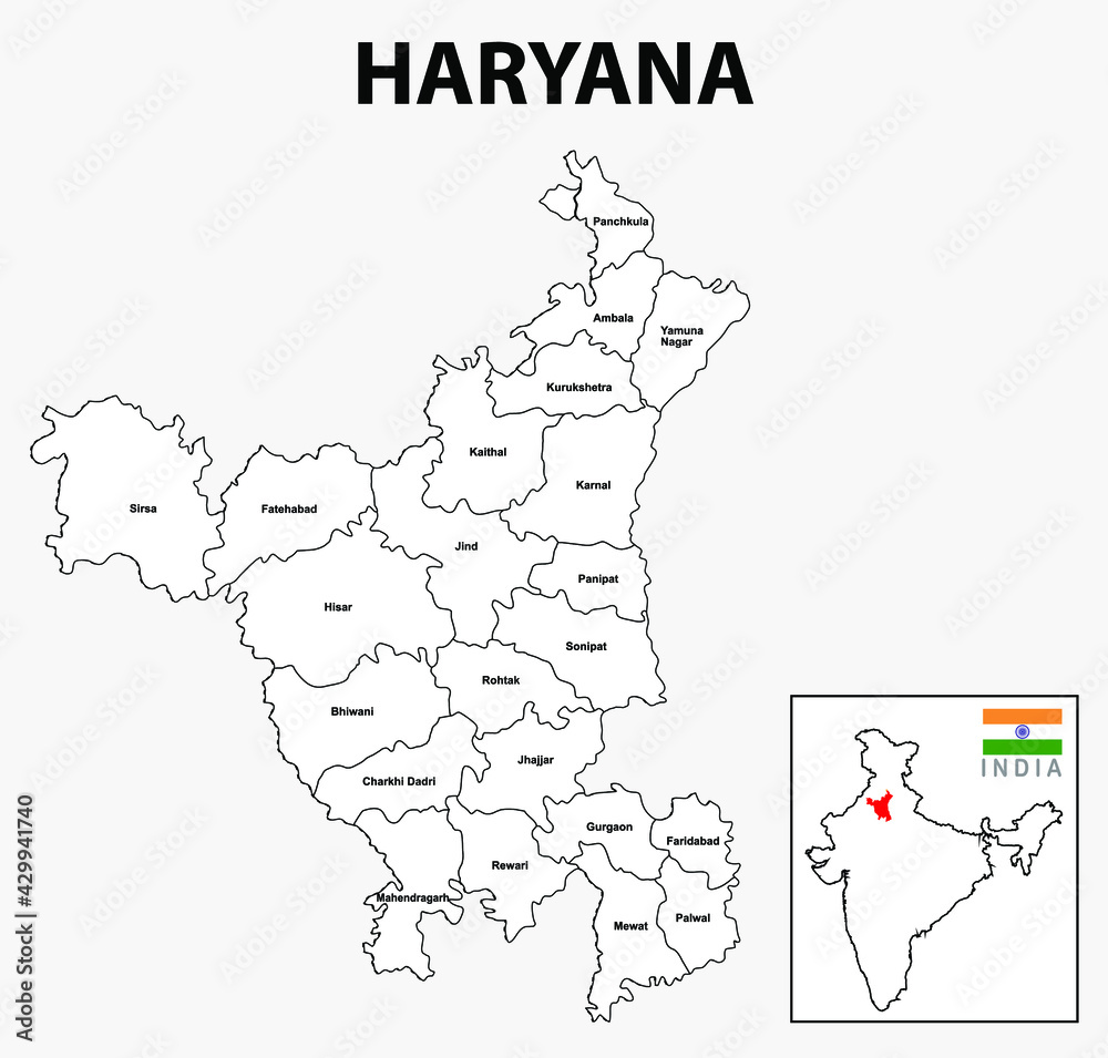 District map of Haryana. Haryana map with district and capital in white colour.