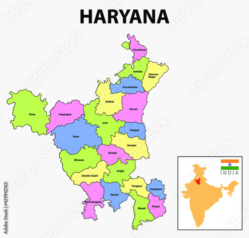Haryana map. District map of Haryana in 2020. District map of Haryana in color with capital. photo