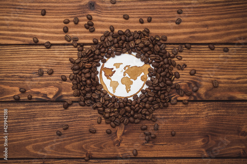 International world coffee drawing with scattered coffee beans
