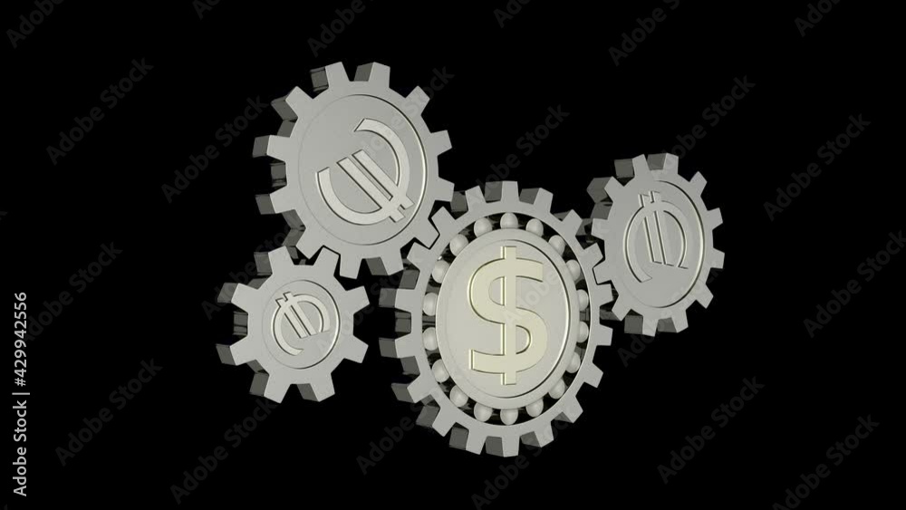 Financial system concept with different coin gears. Gears with dollar and euro signs. Cogwheels with dollar and euro signs. Loop seamless 3D animation. Isolated on alpha channel Financial system concept with different coin gears. Gears with dollar and euro signs. Cogwheels with dollar and euro signs. Loop seamless 3D animation. Isolated on alpha channel