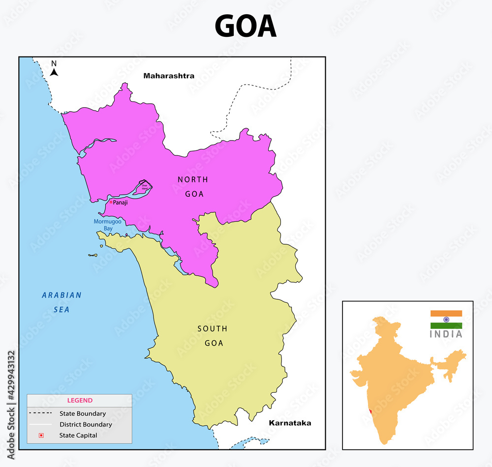 Goa map. Goa administrative and political map. Goa map with neighbouring countries and border.