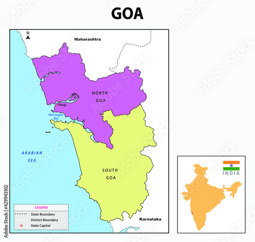 Goa map. Goa administrative and political map. Goa map with neighbouring countries and border.