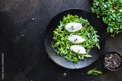 salad quenelle cream cheese green lettuce leaves cuenelle petals mix trend diet meal snack copy space food background rustic. top view keto or paleo diet vegetarian food